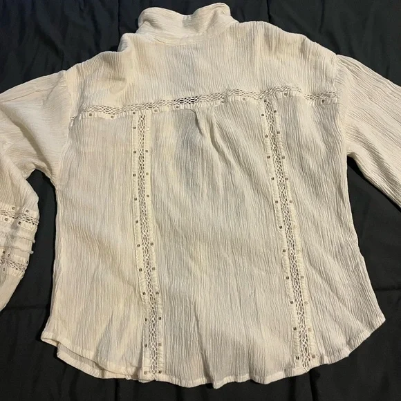 Free People Cream Button-Up Blouse with Lace Details - Picture 7 of 13